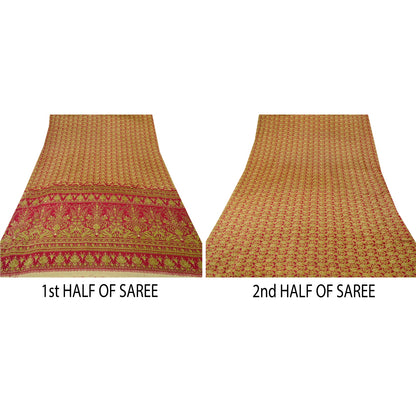 Sanskriti Vintage Red Sarees Moss Crepe Paisley Printed Craft Fabric 5 Yard Sari