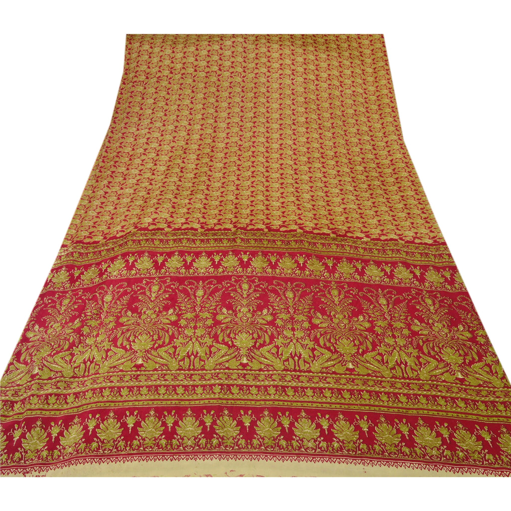 Sanskriti Vintage Red Sarees Moss Crepe Paisley Printed Craft Fabric 5 Yard Sari