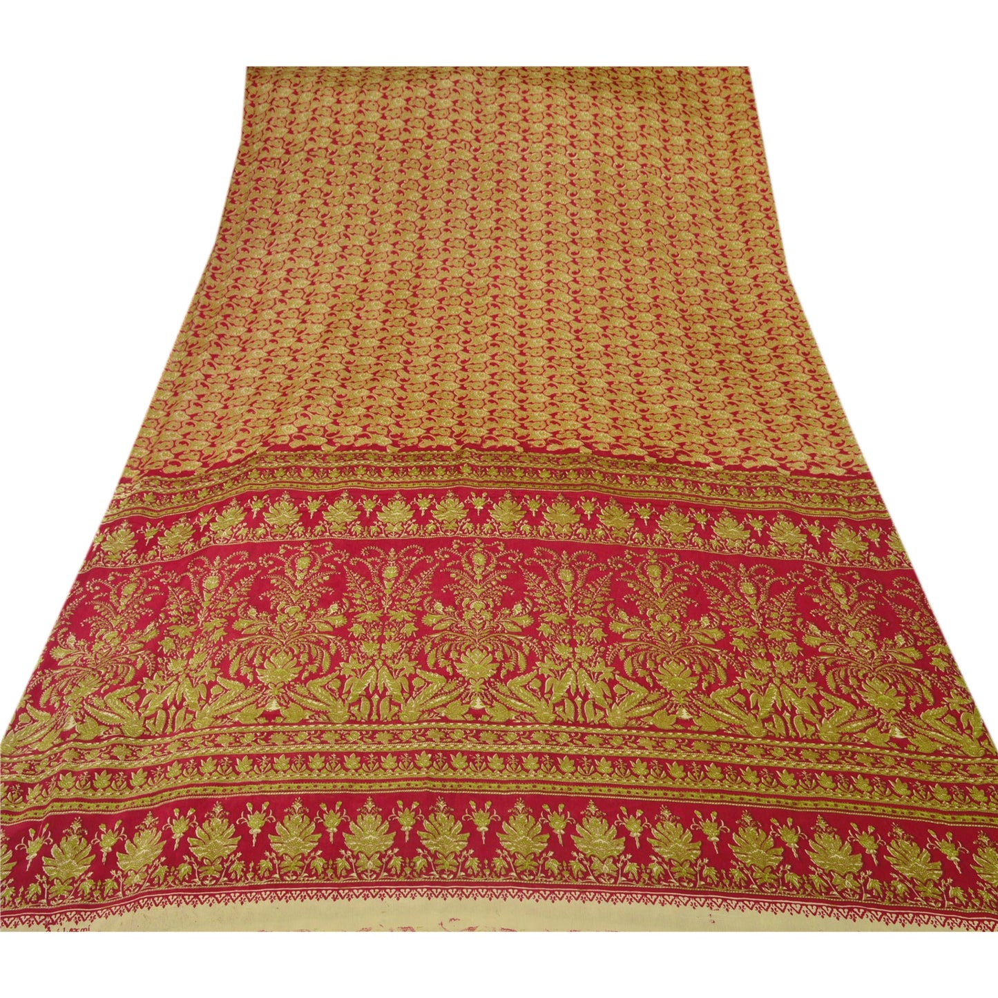 Sanskriti Vintage Red Sarees Moss Crepe Paisley Printed Craft Fabric 5 Yard Sari