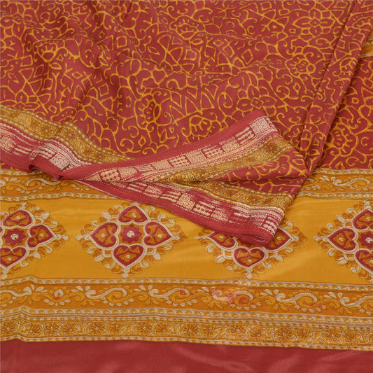 Sanskriti Vintage Dark Red Sarees Moss Crepe Printed Sari 5Yd Craft Decor Fabric