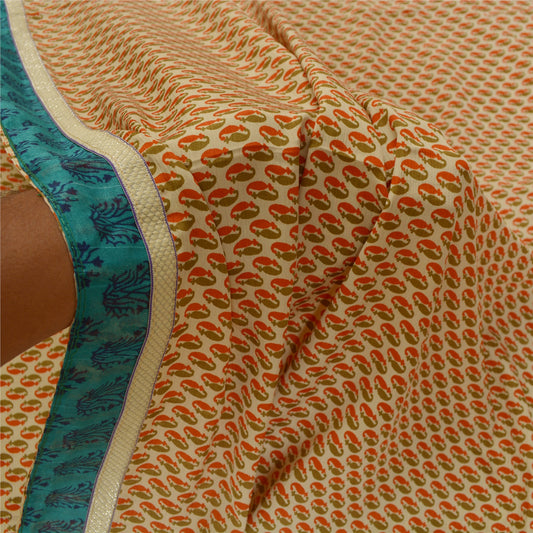 Sanskriti Vintage Cream Sarees Moss Crepe Printed Sari 5 Yd Craft Decor Fabric