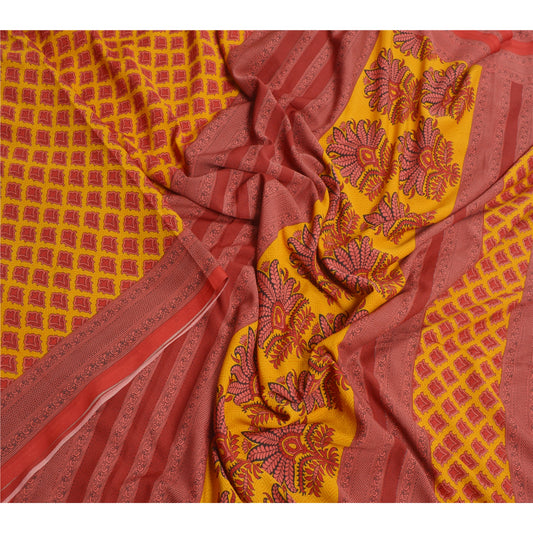 Sanskriti Vintage Yellow Sarees Moss Crepe Printed Sari 5 Yd Craft Decor Fabric