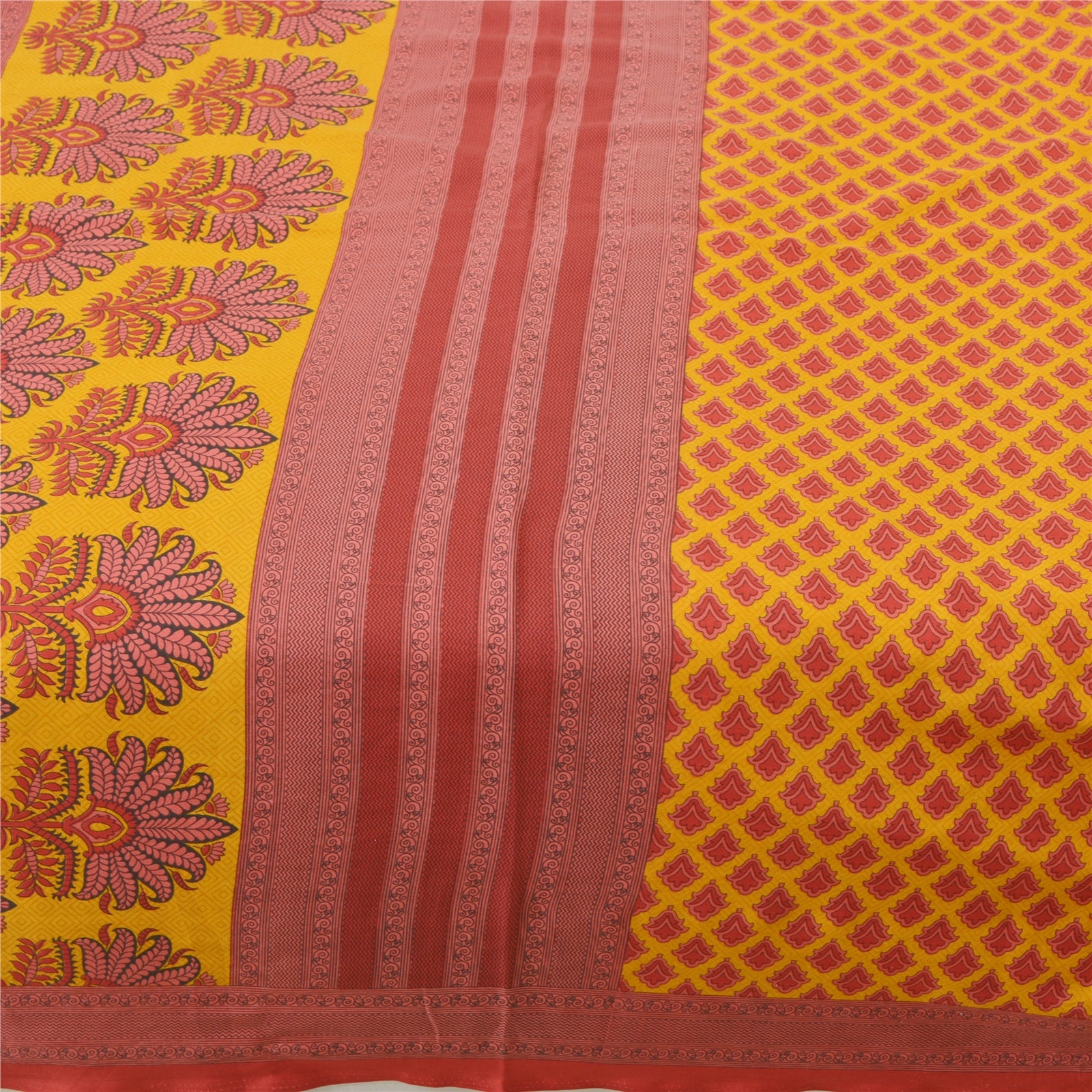 Sanskriti Vintage Sari Moss Crepe Yellow Saree Floral Printed 6 Yd Craft Decor Fabric Add-Elegance to Table Linen, Curtains, Cushions