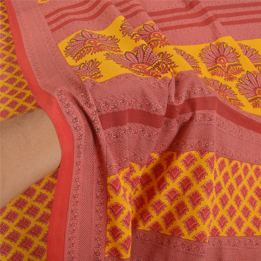Sanskriti Vintage Yellow Sarees Moss Crepe Printed Sari 5 Yd Craft Decor Fabric