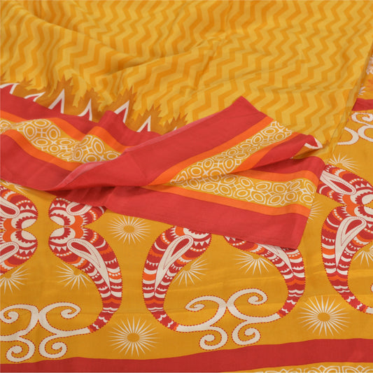 Sanskriti Vintage Yellow Sarees Moss Crepe Printed Sari 5Yd Craft Decor Fabric