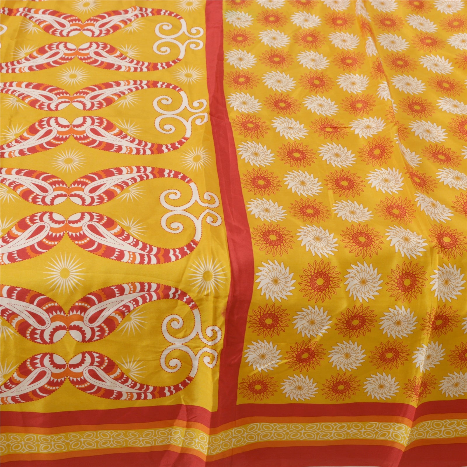 Sanskriti Vintage Sari Moss Crepe Yellow Saree Floral Printed 6Yd Craft Fabric Add-Elegance to Table Linen, Curtains, or Cushions