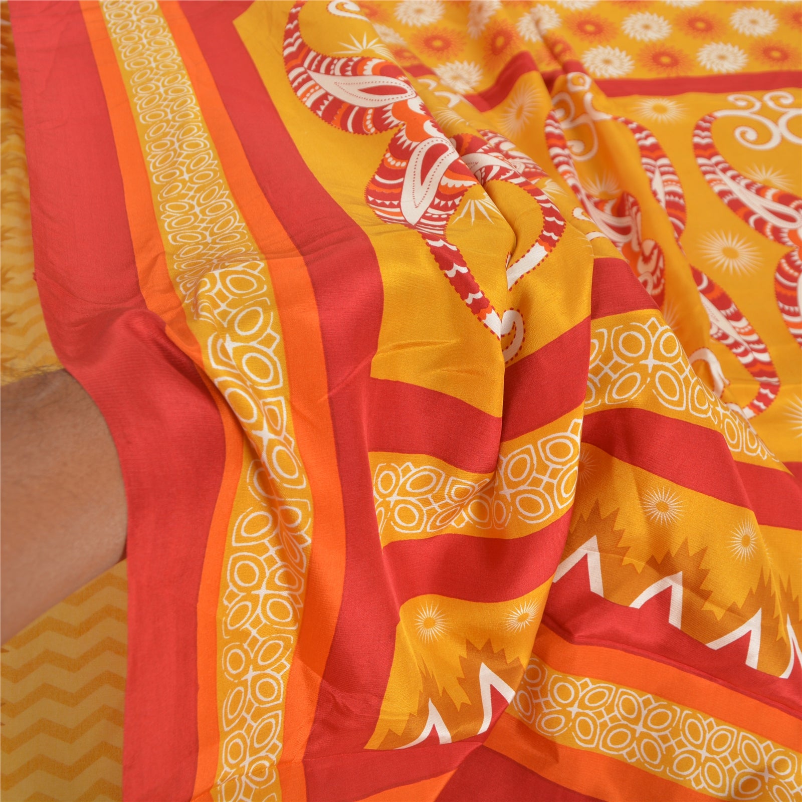 Sanskriti Vintage Sari Moss Crepe Yellow Saree Floral Printed 6Yd Craft Fabric Add-Elegance to Table Linen, Curtains, or Cushions