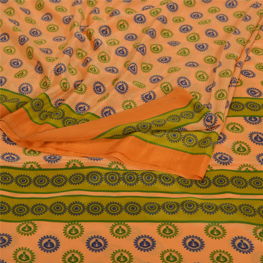 Sanskriti Vintage Peach Sarees Moss Crepe Printed Sari 5Yd Craft Decor Fabric