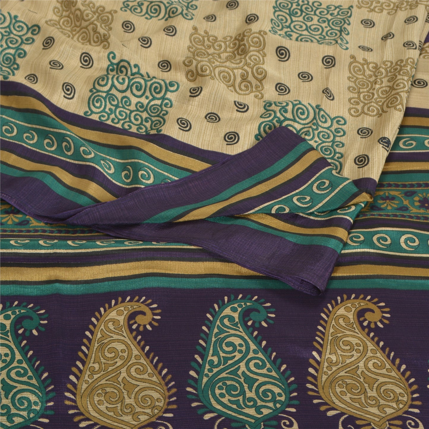 Sanskriti Vintage Cream Sarees Moss Crepe Printed Indian Sari 5YD Craft Fabric