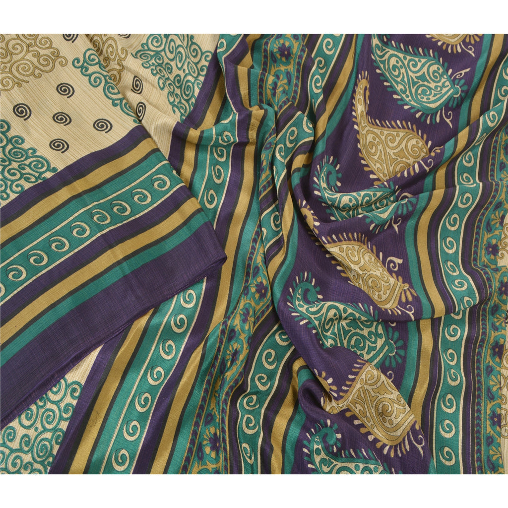 Sanskriti Vintage Cream Sarees Moss Crepe Printed Indian Sari 5YD Craft Fabric