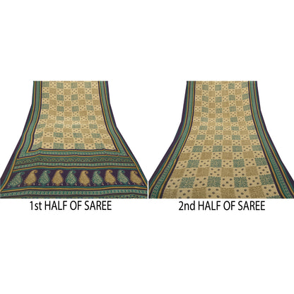 Sanskriti Vintage Cream Sarees Moss Crepe Printed Indian Sari 5YD Craft Fabric