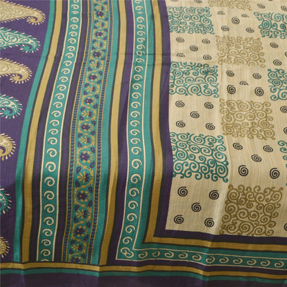 Sanskriti Vintage Cream Sarees Moss Crepe Printed Indian Sari 5YD Craft Fabric
