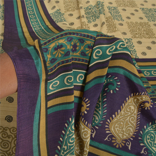Sanskriti Vintage Cream Sarees Moss Crepe Printed Indian Sari 5YD Craft Fabric