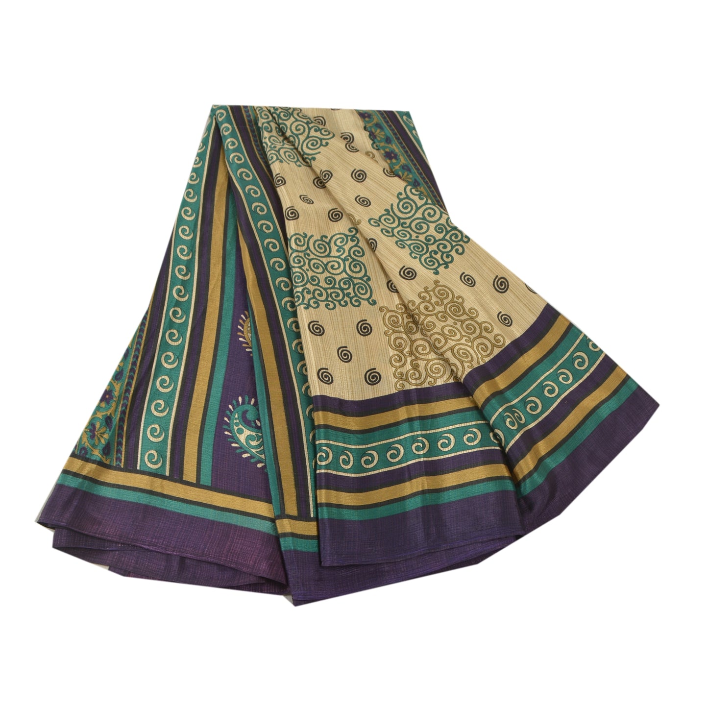 Sanskriti Vintage Cream Sarees Moss Crepe Printed Indian Sari 5YD Craft Fabric