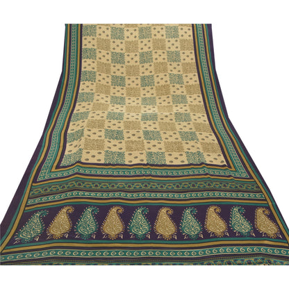 Sanskriti Vintage Cream Sarees Moss Crepe Printed Indian Sari 5YD Craft Fabric