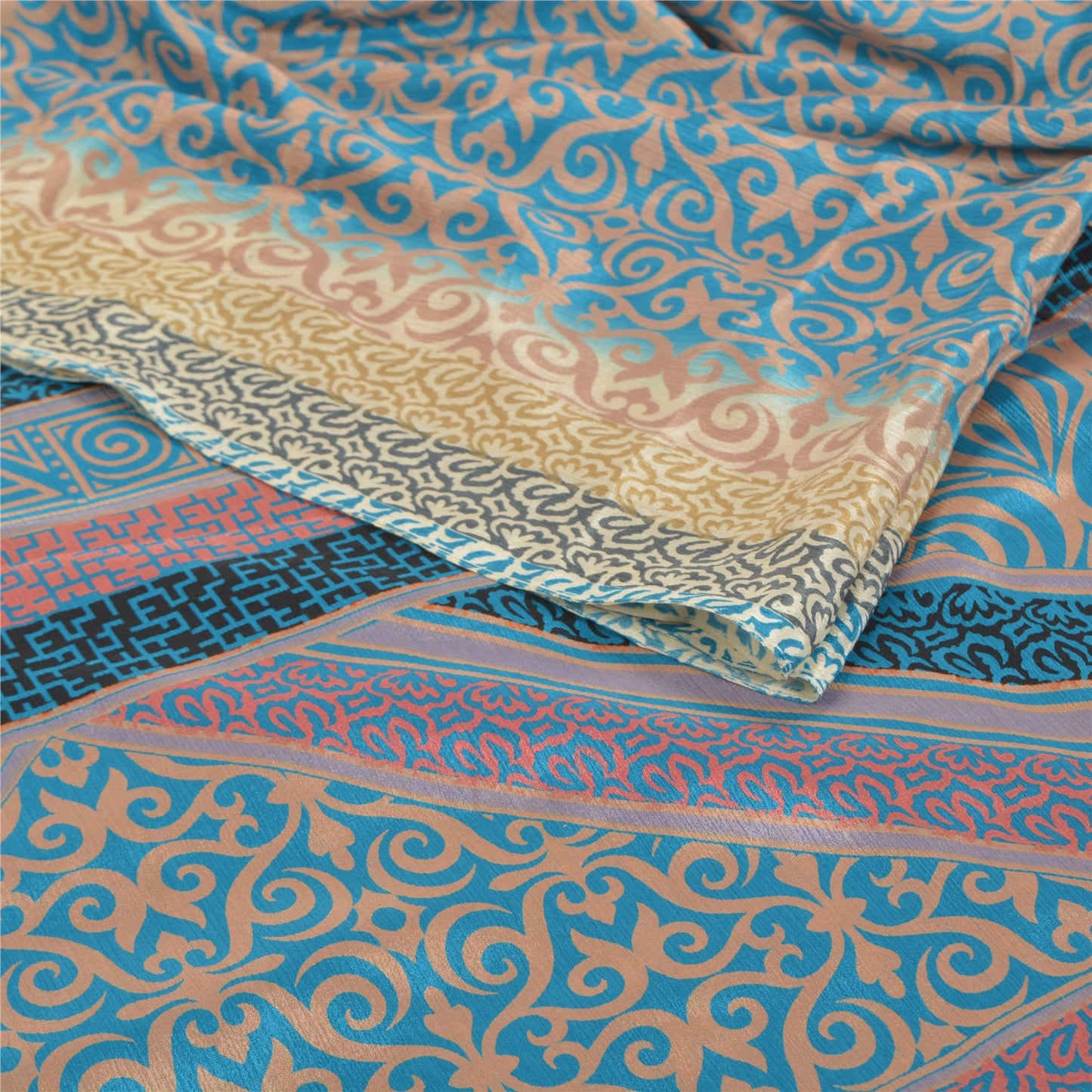 Sanskriti Vintage Blue Indian Sarees Moss Crepe Printed Sari 5YD Craft Fabric