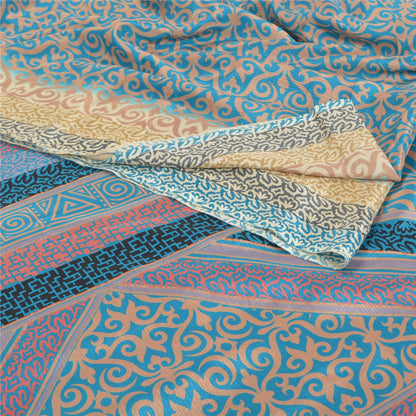 Sanskriti Vintage Blue Indian Sarees Moss Crepe Printed Sari 5YD Craft Fabric
