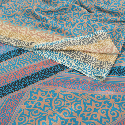 Sanskriti Vintage Blue Indian Sarees Moss Crepe Printed Sari 5YD Craft Fabric