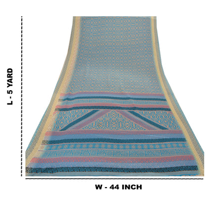Sanskriti Vintage Blue Indian Sarees Moss Crepe Printed Sari 5YD Craft Fabric