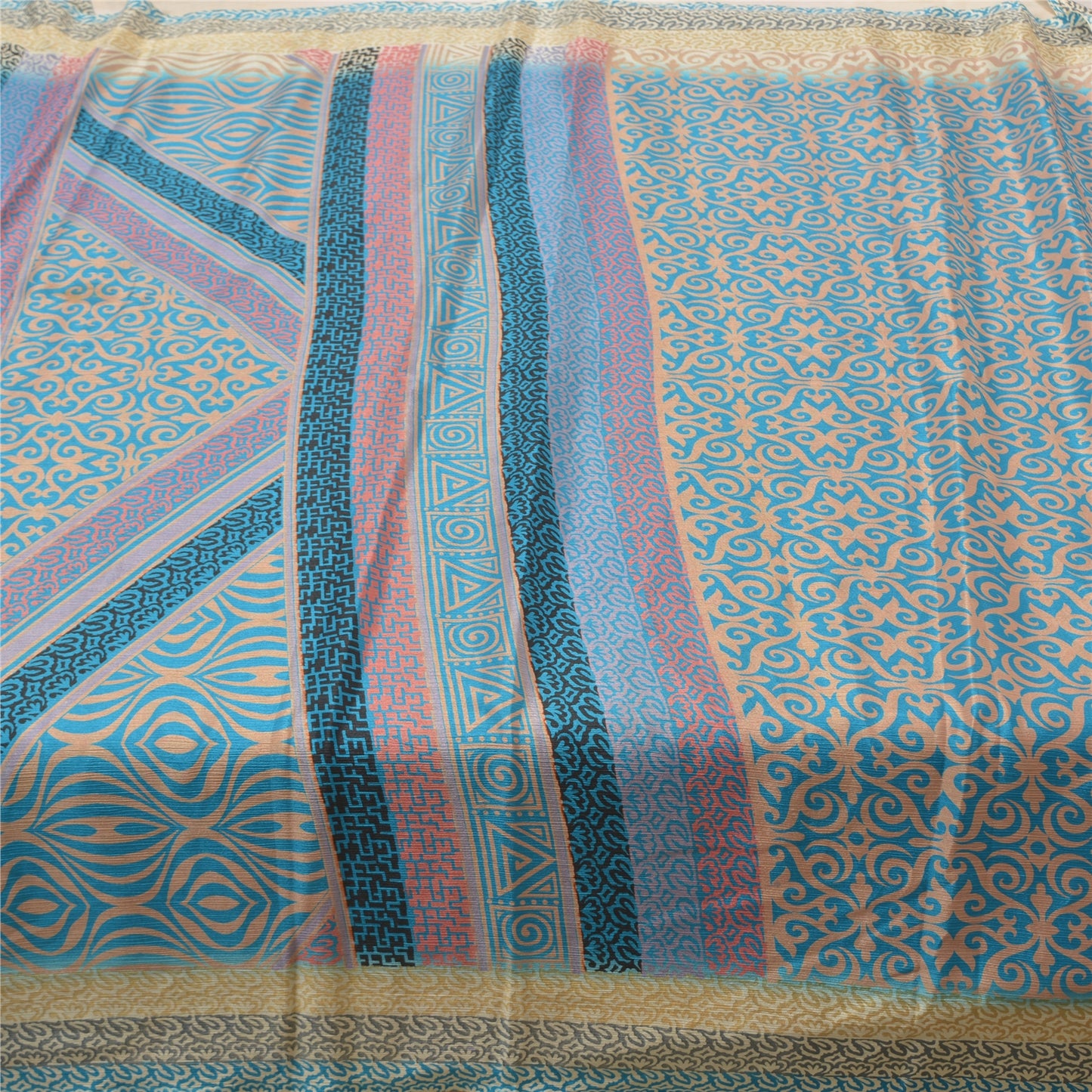 Sanskriti Vintage Blue Indian Sarees Moss Crepe Printed Sari 5YD Craft Fabric