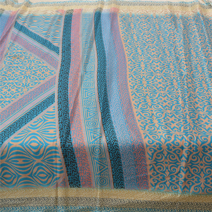 Sanskriti Vintage Blue Indian Sarees Moss Crepe Printed Sari 5YD Craft Fabric