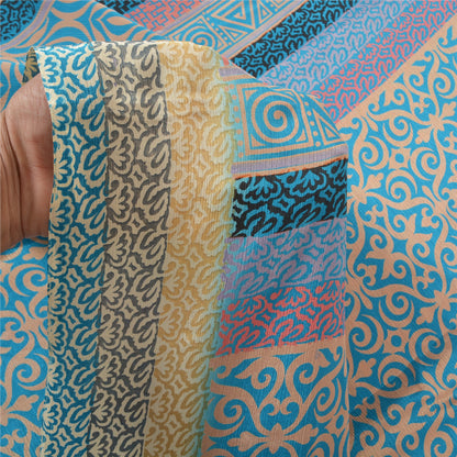 Sanskriti Vintage Blue Indian Sarees Moss Crepe Printed Sari 5YD Craft Fabric