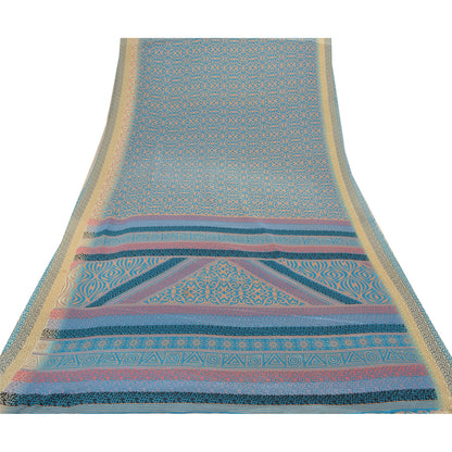 Sanskriti Vintage Blue Indian Sarees Moss Crepe Printed Sari 5YD Craft Fabric