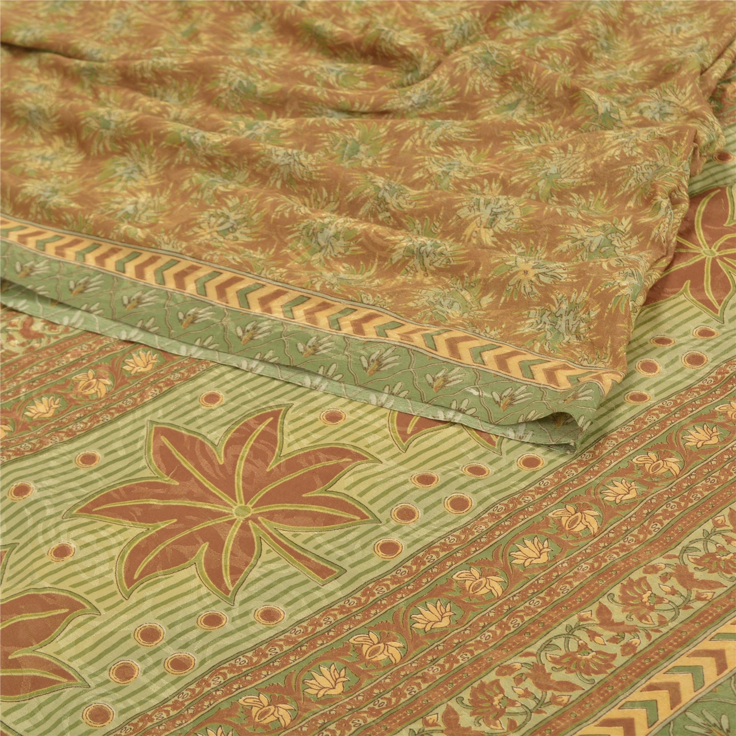 Sanskriti Vintage Brown Sarees Moss Crepe Printed Sari Floral Craft Fabric