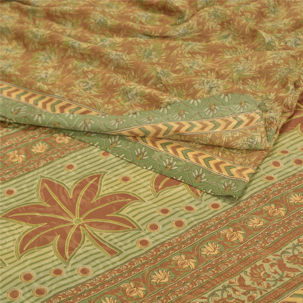 Sanskriti Vintage Brown Sarees Moss Crepe Printed Sari Floral Craft Fabric