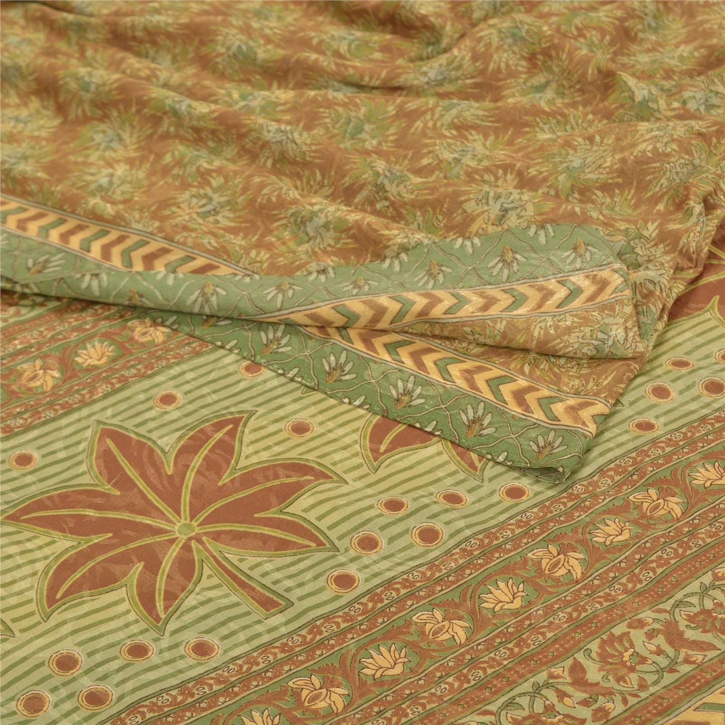 Sanskriti Vintage Brown Sarees Moss Crepe Printed Sari Floral Craft Fabric