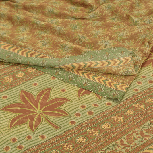 Sanskriti Vintage Brown Sarees Moss Crepe Printed Sari Floral Craft Fabric
