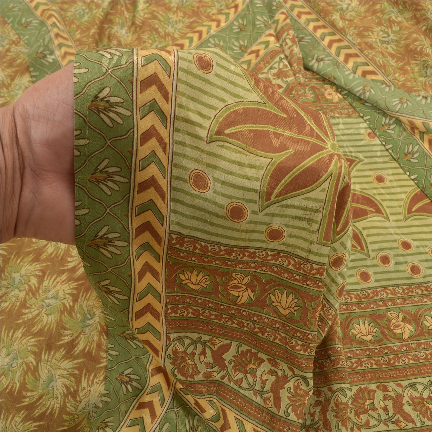 Sanskriti Vintage Brown Sarees Moss Crepe Printed Sari Floral Craft Fabric