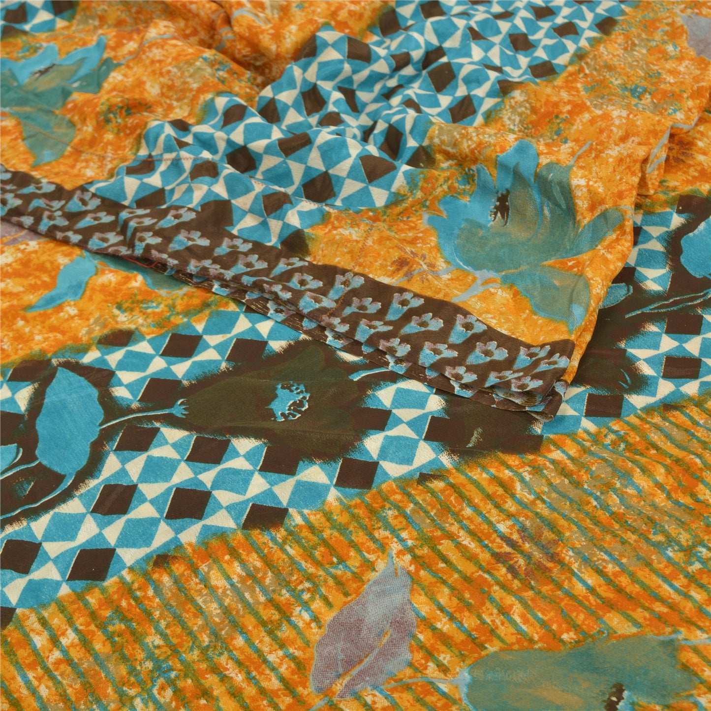 Sanskriti Vintage Saffron Indian Sarees Moss Crepe Printed Sari 5YD Craft Fabric