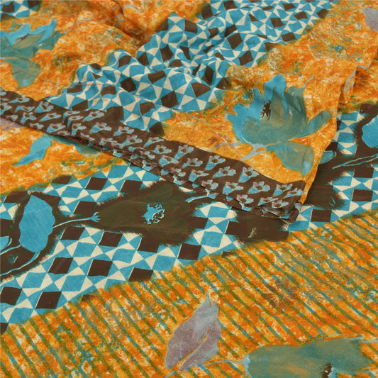 Sanskriti Vintage Saffron Indian Sarees Moss Crepe Printed Sari 5YD Craft Fabric