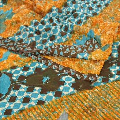 Sanskriti Vintage Saffron Indian Sarees Moss Crepe Printed Sari 5YD Craft Fabric