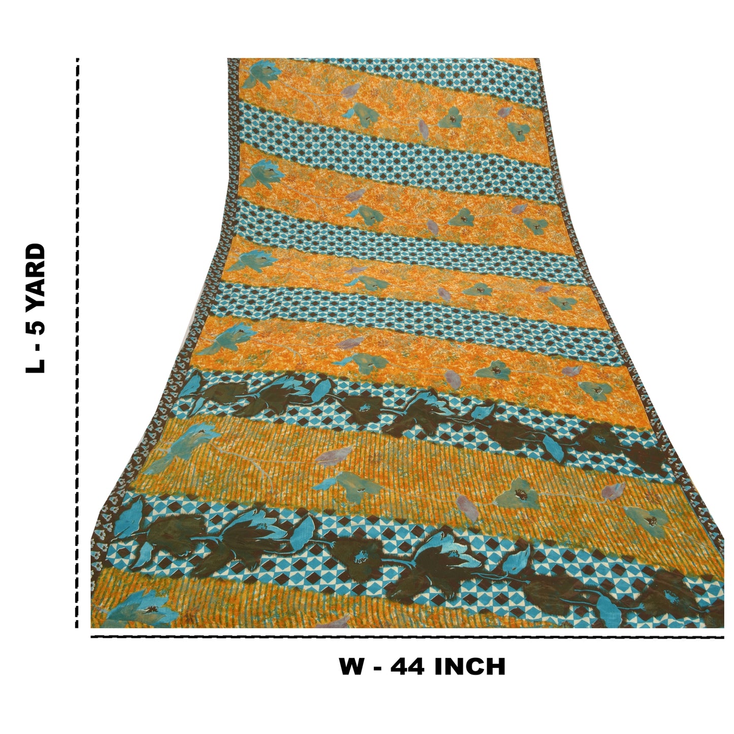 Sanskriti Vintage Saffron Indian Sarees Moss Crepe Printed Sari 5YD Craft Fabric