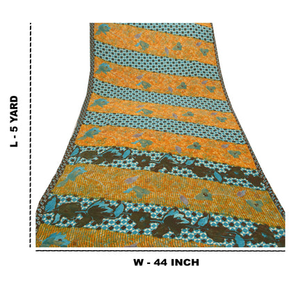 Sanskriti Vintage Saffron Indian Sarees Moss Crepe Printed Sari 5YD Craft Fabric