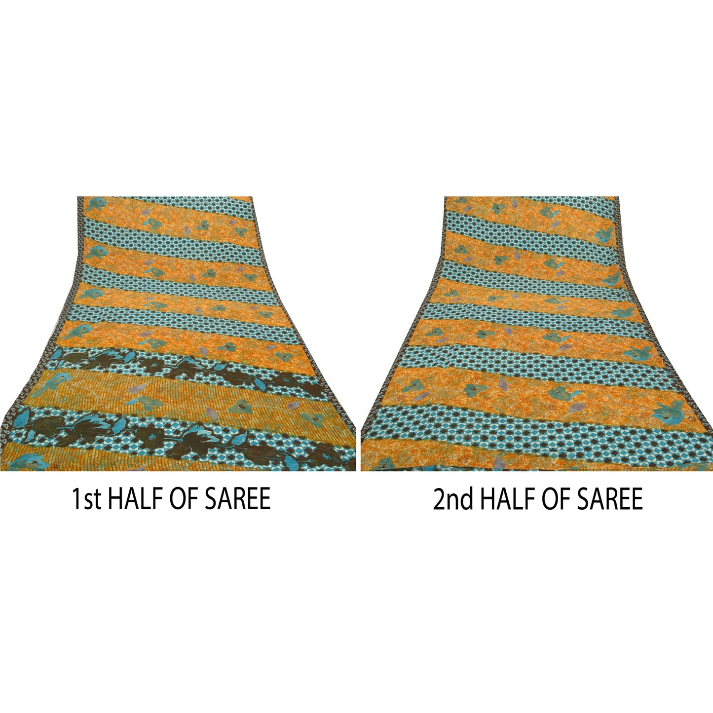 Sanskriti Vintage Saffron Indian Sarees Moss Crepe Printed Sari 5YD Craft Fabric