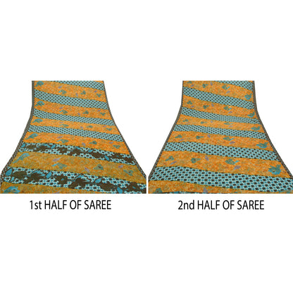 Sanskriti Vintage Saffron Indian Sarees Moss Crepe Printed Sari 5YD Craft Fabric