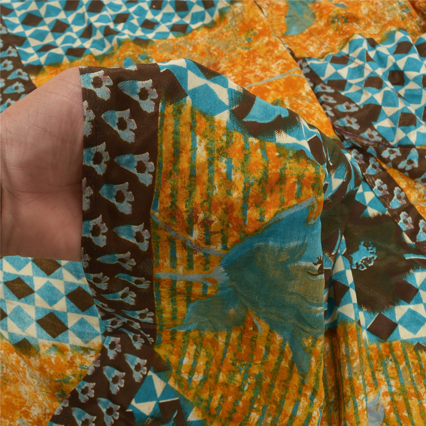 Sanskriti Vintage Saffron Indian Sarees Moss Crepe Printed Sari 5YD Craft Fabric