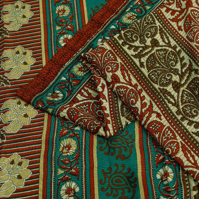 Sanskriti Vintage Indian Sarees Moss Crepe Printed Sari 5YD Soft Craft Sustainable Fabric