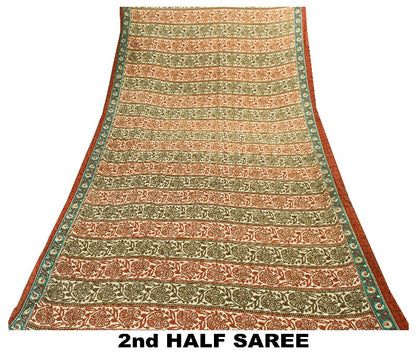 Sanskriti Vintage Indian Sarees Moss Crepe Printed Sari 5YD Soft Craft Sustainable Fabric