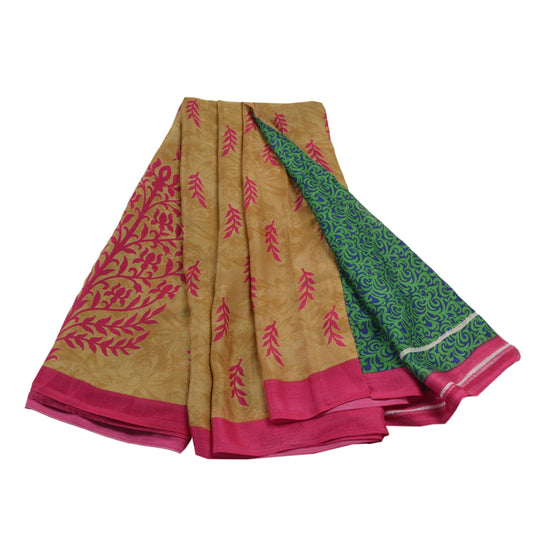 Sanskriti Vintage Cream Sarees Moss Crepe Printed Sari Decor 5 Yard Craft Fabric