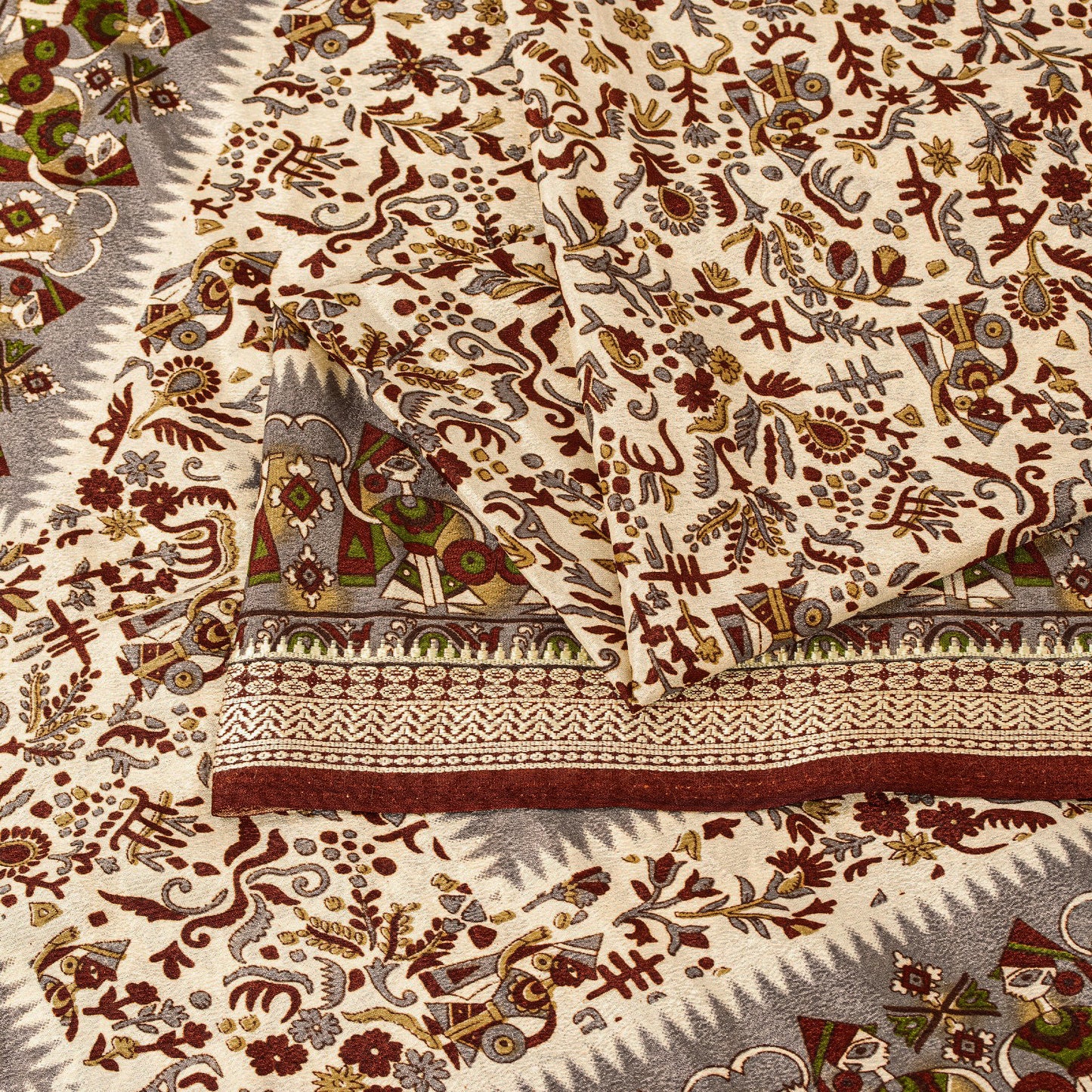 Sanskriti Vintage Craft Supplies Home Deco Cream Human Print 5YD Sari Moss Crepe