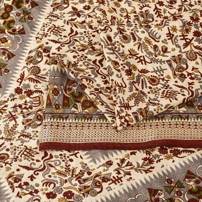 Sanskriti Vintage Craft Supplies Home Deco Cream Human Print 5YD Sari Moss Crepe