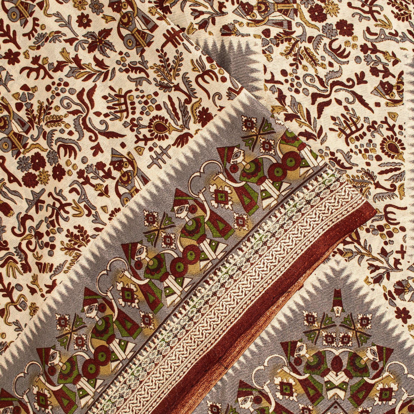 Sanskriti Vintage Craft Supplies Home Deco Cream Human Print 5YD Sari Moss Crepe