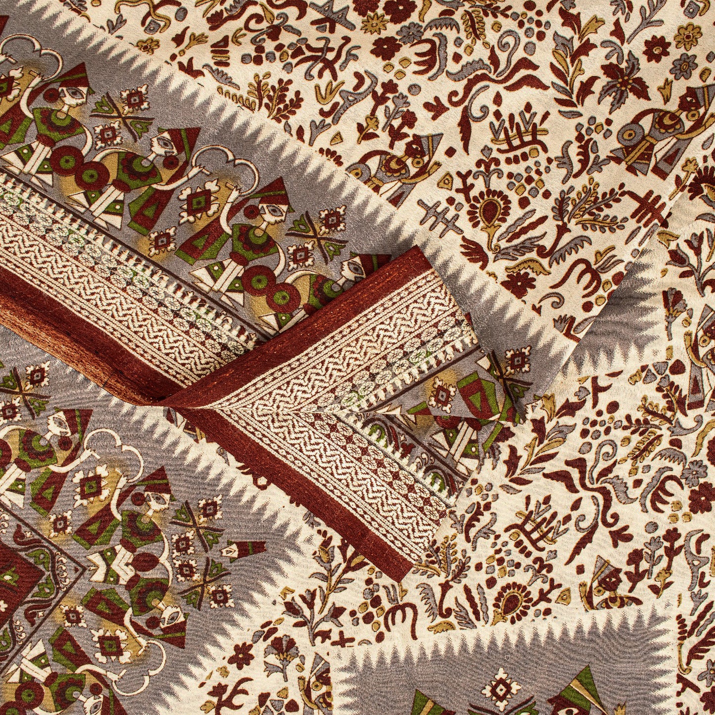 Sanskriti Vintage Craft Supplies Home Deco Cream Human Print 5YD Sari Moss Crepe