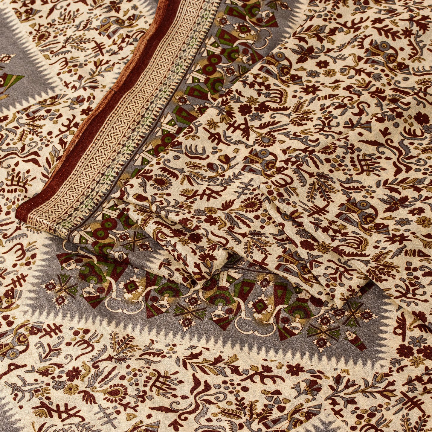 Sanskriti Vintage Craft Supplies Home Deco Cream Human Print 5YD Sari Moss Crepe
