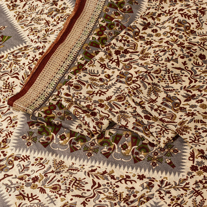 Sanskriti Vintage Craft Supplies Home Deco Cream Human Print 5YD Sari Moss Crepe