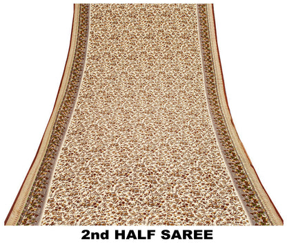Sanskriti Vintage Craft Supplies Home Deco Cream Human Print 5YD Sari Moss Crepe